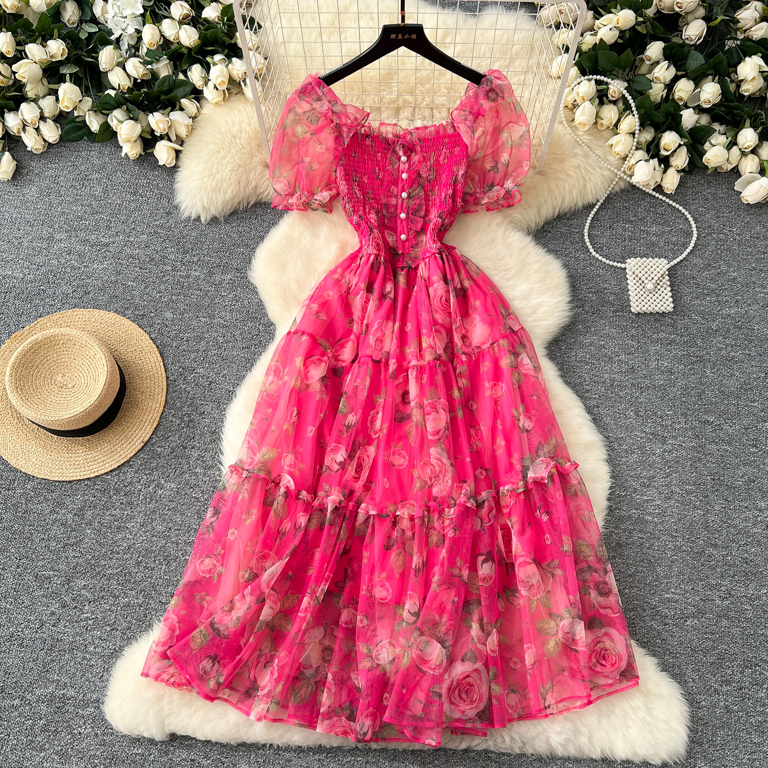 Tea break retro French gentle style floral chiffon dress for women with a cinched waist and a one shoulder puff sleeve mesh skirt Tea break retro French gentle style floral chiffon dress for women with a cinched waist and a one shoulder puff sleeve mesh skirt