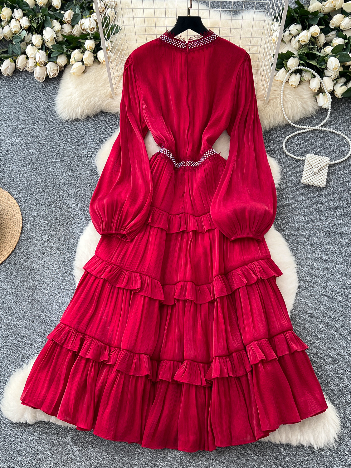 French elegant temperament dress, women's heavy industry hot stamping lace splicing waist slimming lantern sleeves ruffle edge long skirt French elegant temperament dress, women's heavy industry hot stamping lace splicing waist slimming lantern sleeves ruffle edge long skirt