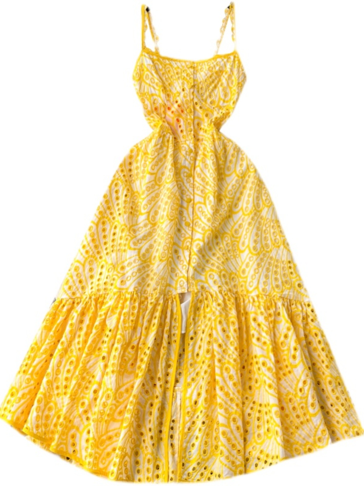 Seaside vacation style printed camisole dress for women in summer with hollowed out slit design, niche and unique super fairy long dress Seaside vacation style printed camisole dress for women in summer with hollowed out slit design, niche and unique super fairy long dress