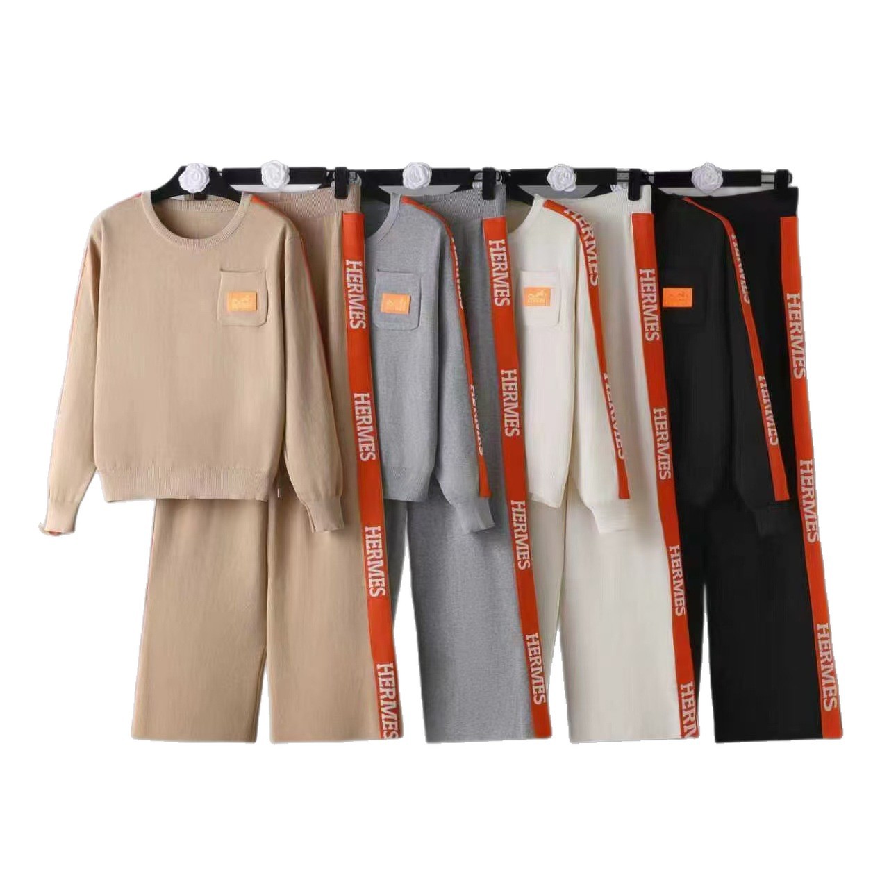 Cross border 2025 casual and fashionable Western style round neck knitted suit autumn and winter sports letter wide leg pants two-piece set Cross border 2025 casual and fashionable Western style round neck knitted suit autumn and winter sports letter wide leg pants two-piece set