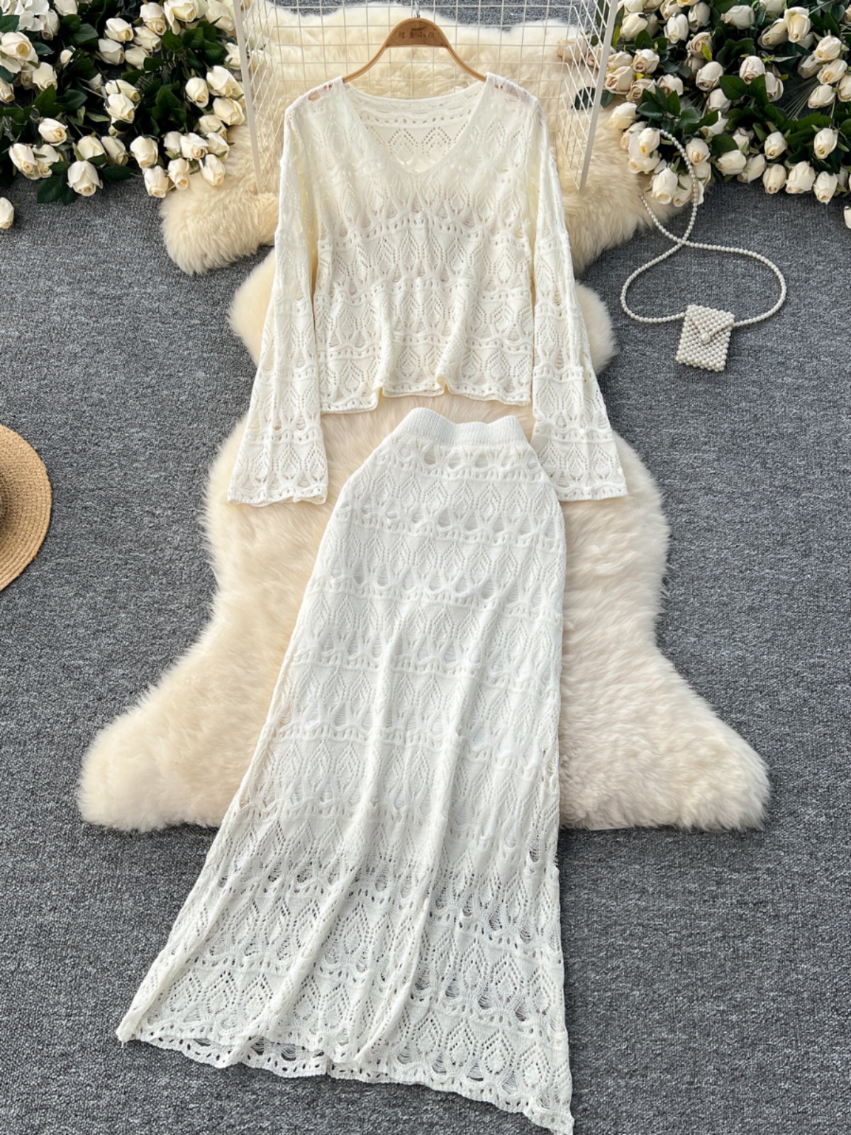 Two piece temperament set for women, gentle and versatile with flared sleeves and hollowed out crochet knit top+high waist slimming skirt Two piece temperament set for women, gentle and versatile with flared sleeves and hollowed out crochet knit top+high waist slimming skirt