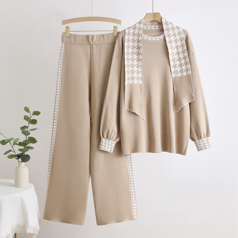 European and American style autumn and winter knitted suit, high waisted temperament knitted top, wide leg pants with a herringbone scarf set European and American style autumn and winter knitted suit, high waisted temperament knitted top, wide leg pants with a herringbone scarf set