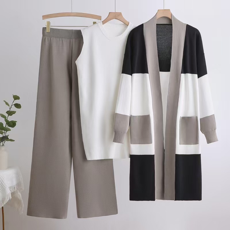 Cross border European and American fashion 2025 autumn cardigan jacket knitted three piece set vest wide leg pants casual lazy feeling set