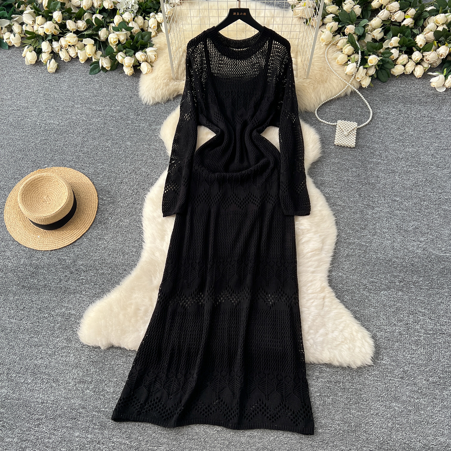 Korean gentle style, age reducing and lazy style, hollowed out hook and flower knitted dress, women's interior with camisole dress, two-piece set Korean gentle style, age reducing and lazy style, hollowed out hook and flower knitted dress, women's interior with camisole dress, two-piece set