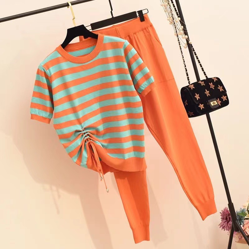 2024 Summer New Set Women's Knitted Casual Fashion Western Style Striped Splicing Drawstring Short Sleeve Knitted Pants 2024 Summer New Set Women's Knitted Casual Fashion Western Style Striped Splicing Drawstring Short Sleeve Knitted Pants