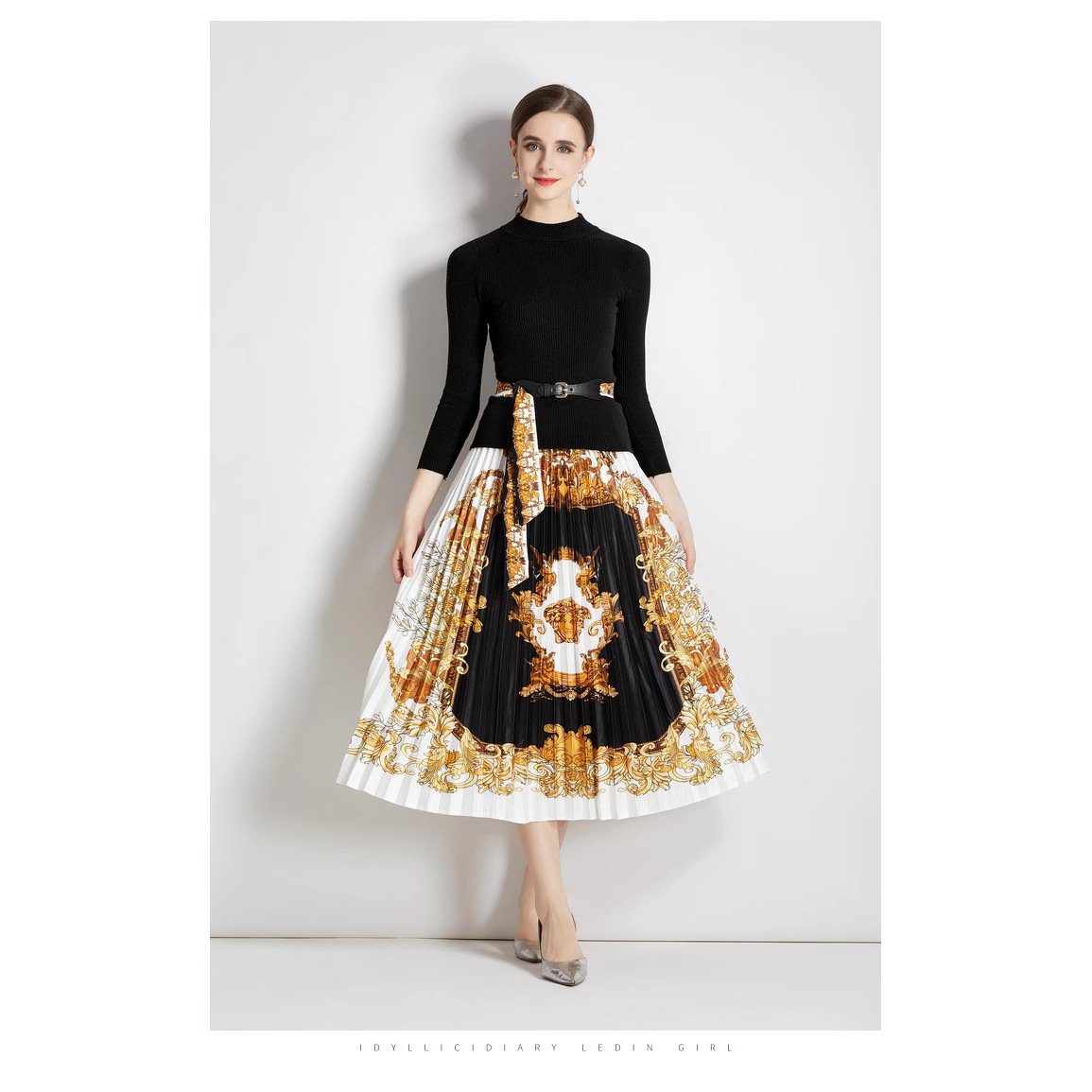 Fashion set, women's stand up collar, slim fit and slimming knit top, two-piece set, high waist, Baroque printed pleated skirt