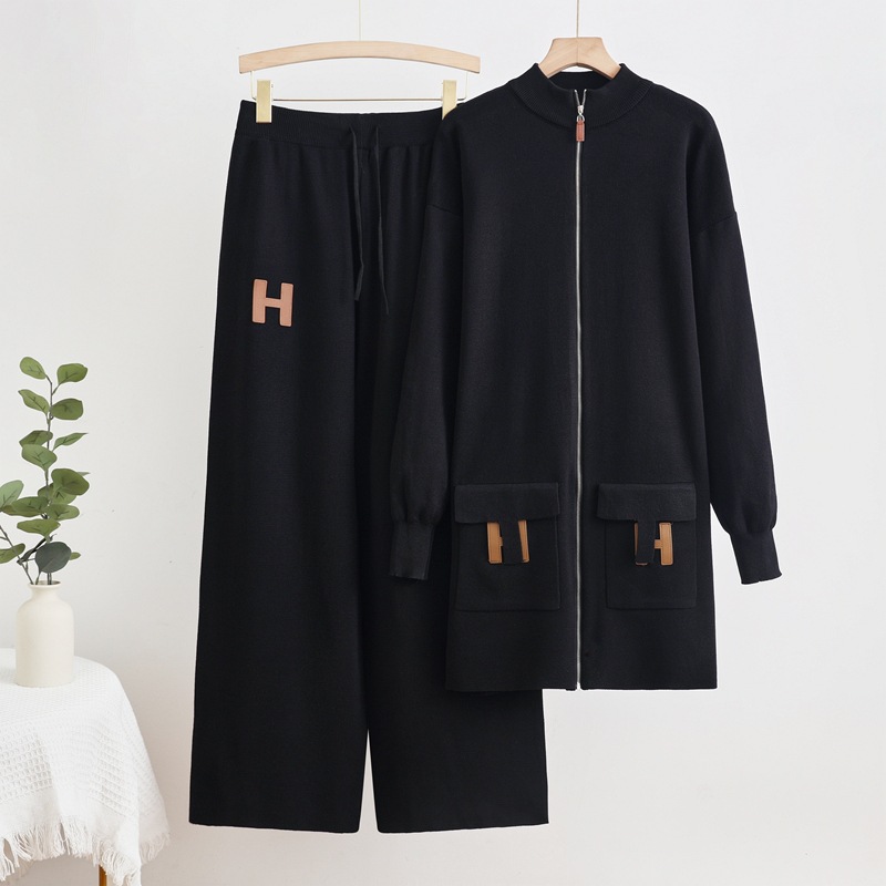 Cross border European and American solid color woolen suit loose knit zipper pocket sweater top+drawstring loose wide leg pants Cross border European and American solid color woolen suit loose knit zipper pocket sweater top+drawstring loose wide leg pants