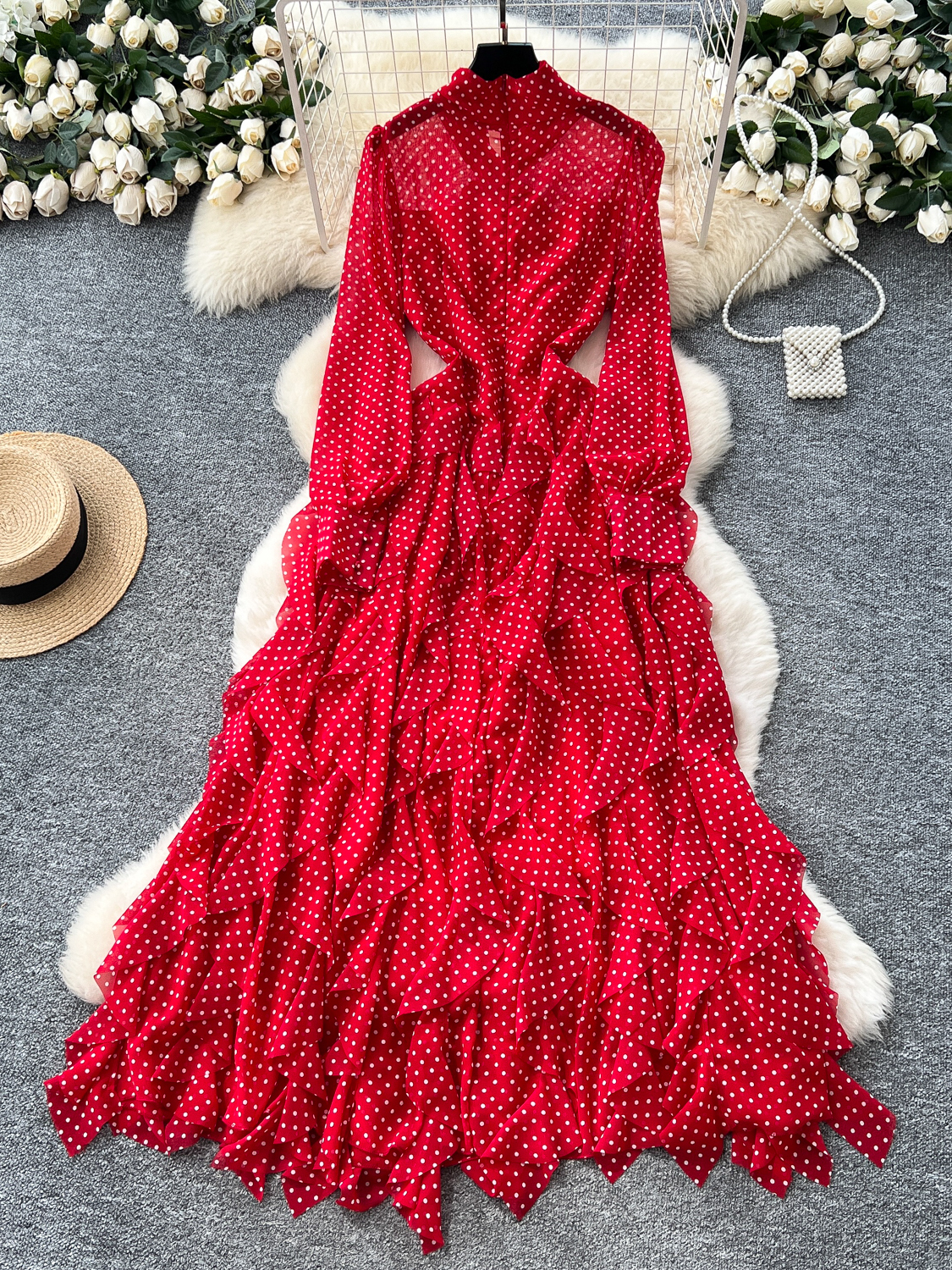 Light mature style niche bow tie tied long sleeved polka dot dress for women in autumn 2025, irregular lotus leaf side length skirt Light mature style niche bow tie tied long sleeved polka dot dress for women in autumn 2025, irregular lotus leaf side length skirt