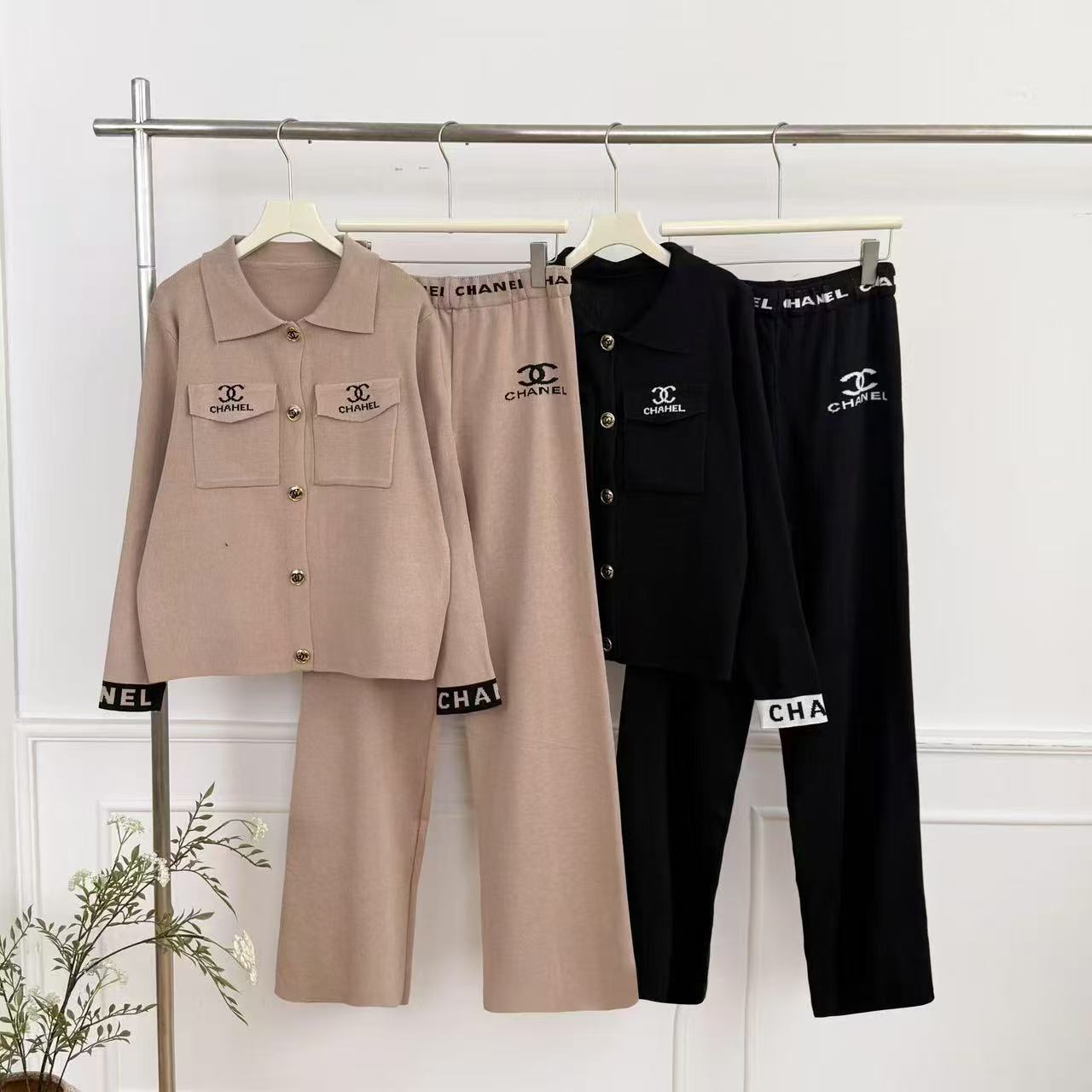 Cross border Spring and Autumn New Small Fragrant Style Loose Letter Jacquard Knitted Cardigan Top Wide Leg Pants Knitted Two Piece Set