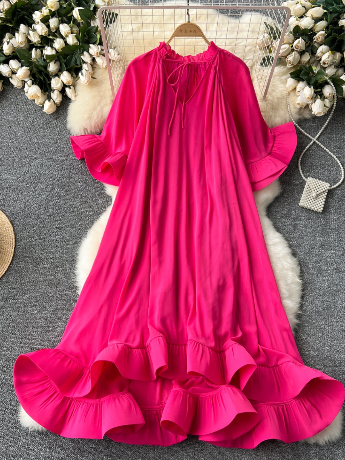 European and American niche palace style lotus leaf edge dress, women's high-end sense, loose and slimming temperament, vacation dress, long skirt