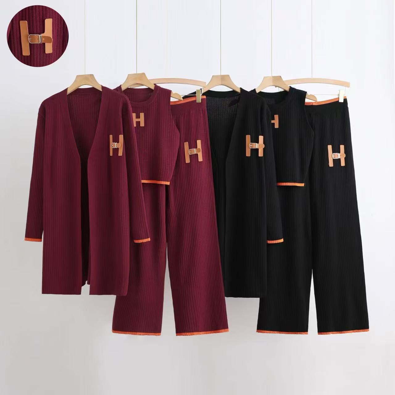 Cross border 25 Spring and Autumn style simple and versatile temperament sleeveless vest wide leg pants knitted long cardigan jacket three piece set