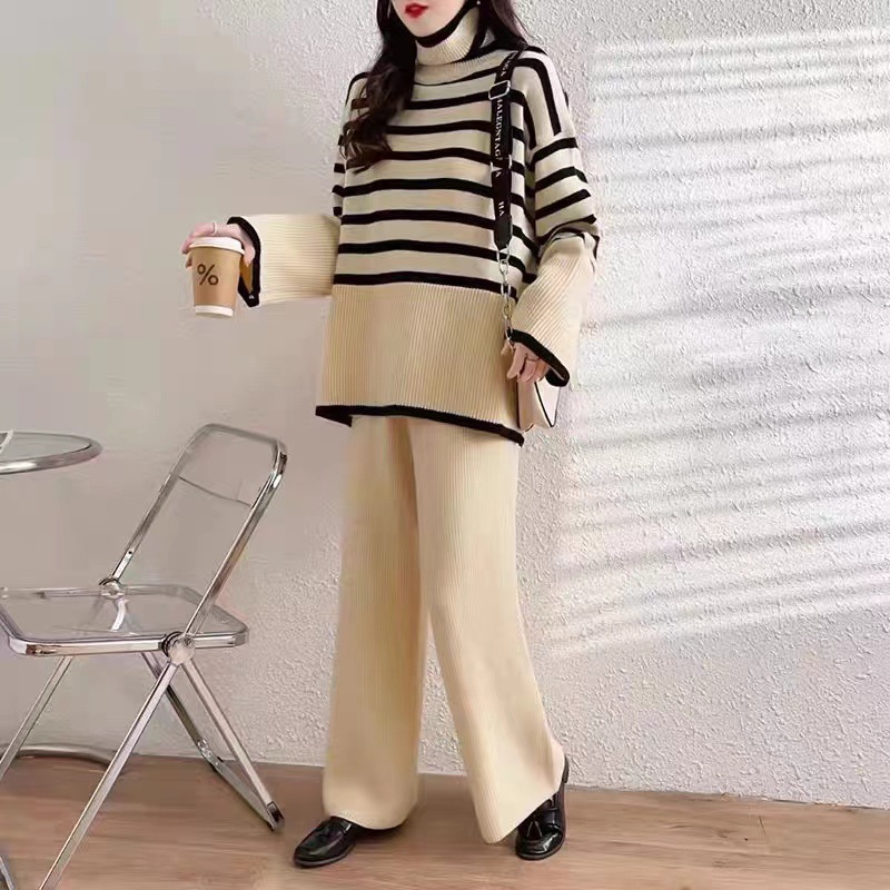 Two piece set of oversized loose and versatile high neck knitted sweater for women+high waist hanging straight leg casual knitted wide leg pants