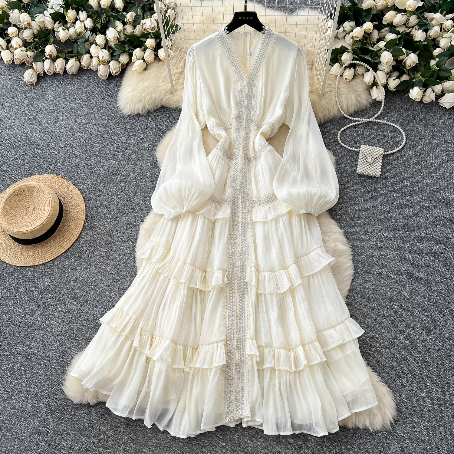 French elegant temperament dress, women's heavy industry hot stamping lace splicing waist slimming lantern sleeves ruffle edge long skirt French elegant temperament dress, women's heavy industry hot stamping lace splicing waist slimming lantern sleeves ruffle edge long skirt
