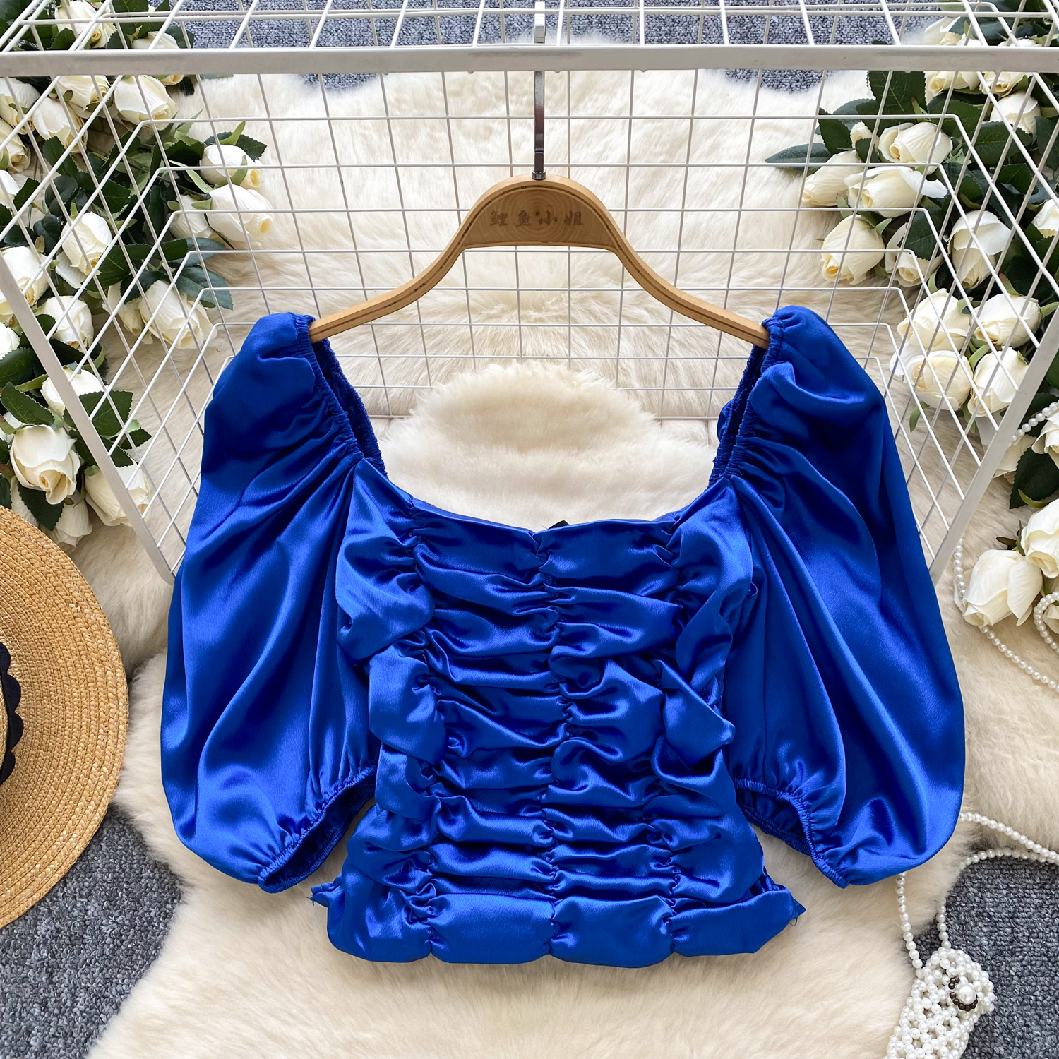 Light luxury European and American style satin like one shoulder bubble sleeve shirt for women in summer, pleated slim fit, chic top, trendy Light luxury European and American style satin like one shoulder bubble sleeve shirt for women in summer, pleated slim fit, chic top, trendy