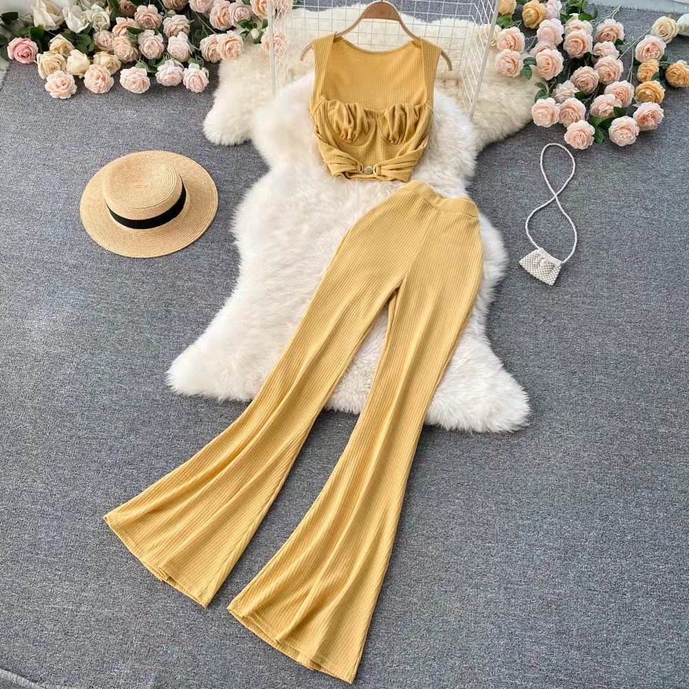 Cross border foreign trade fashion set, female sexy low neck short top, versatile high waisted flared pants, fashionable two-piece set Cross border foreign trade fashion set, female sexy low neck short top, versatile high waisted flared pants, fashionable two-piece set