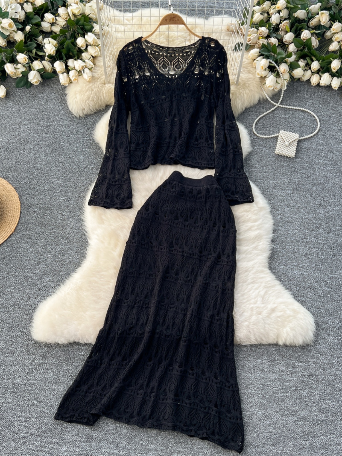 Two piece temperament set for women, gentle and versatile with flared sleeves and hollowed out crochet knit top+high waist slimming skirt Two piece temperament set for women, gentle and versatile with flared sleeves and hollowed out crochet knit top+high waist slimming skirt