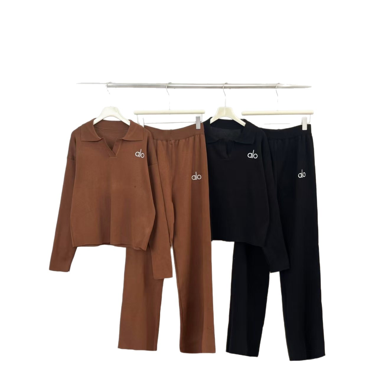 Cross border 2025 Spring and Autumn New Polo Collar Collar Knitted Casual Top High Waist Wide Leg Pants Women's Two Piece Set Cross border 2025 Spring and Autumn New Polo Collar Collar Knitted Casual Top High Waist Wide Leg Pants Women's Two Piece Set