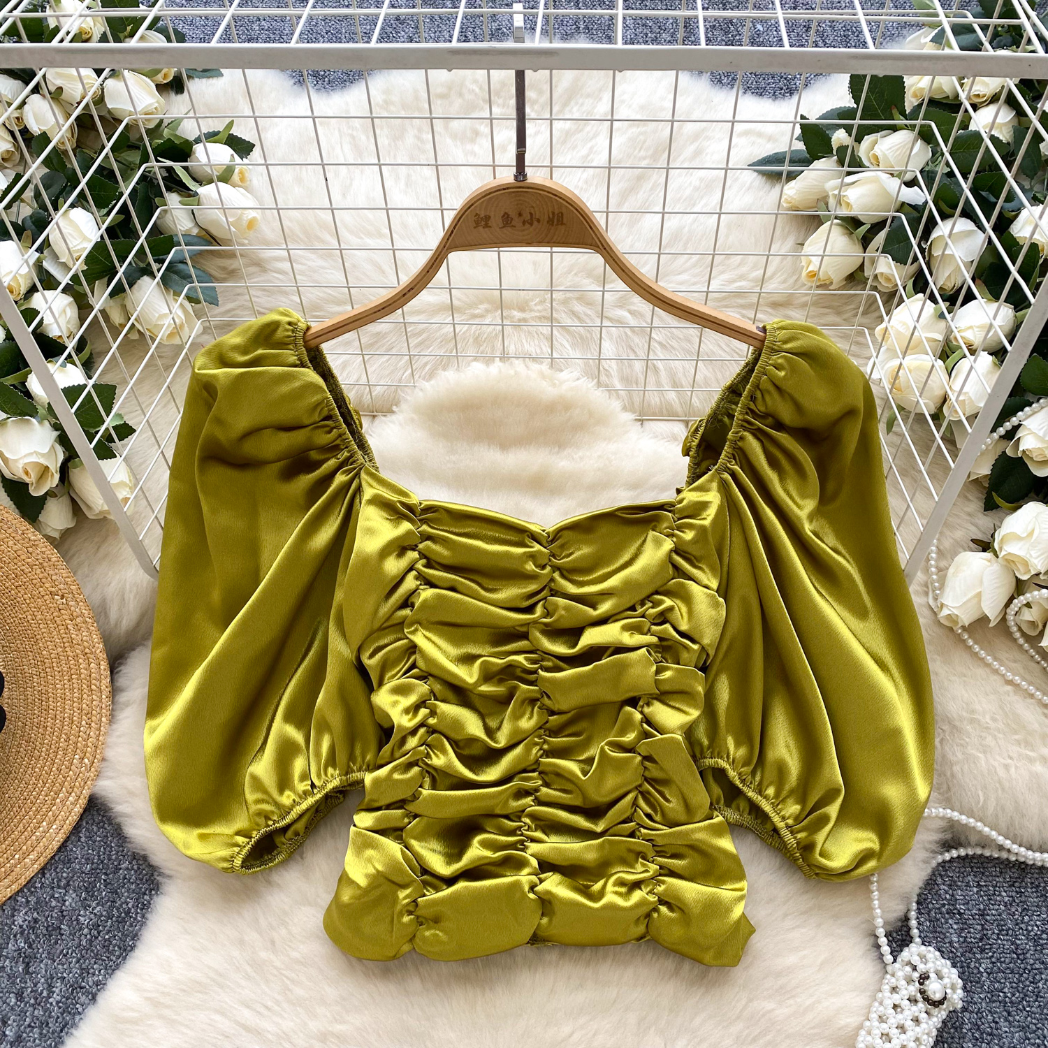 Light luxury European and American style satin like one shoulder bubble sleeve shirt for women in summer, pleated slim fit, chic top, trendy Light luxury European and American style satin like one shoulder bubble sleeve shirt for women in summer, pleated slim fit, chic top, trendy