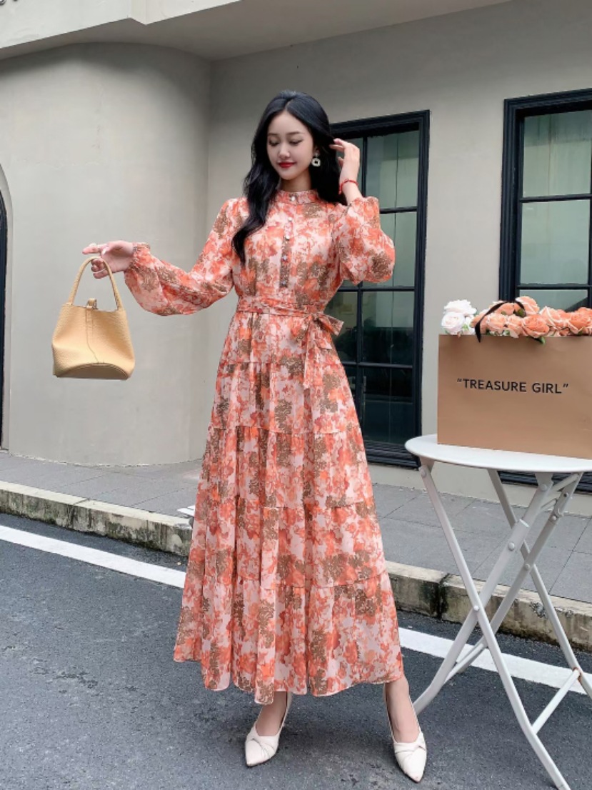 French floral chiffon dress for women in autumn, new knee length long skirt, gentle style, waist cinching temperament, grand fairy dress