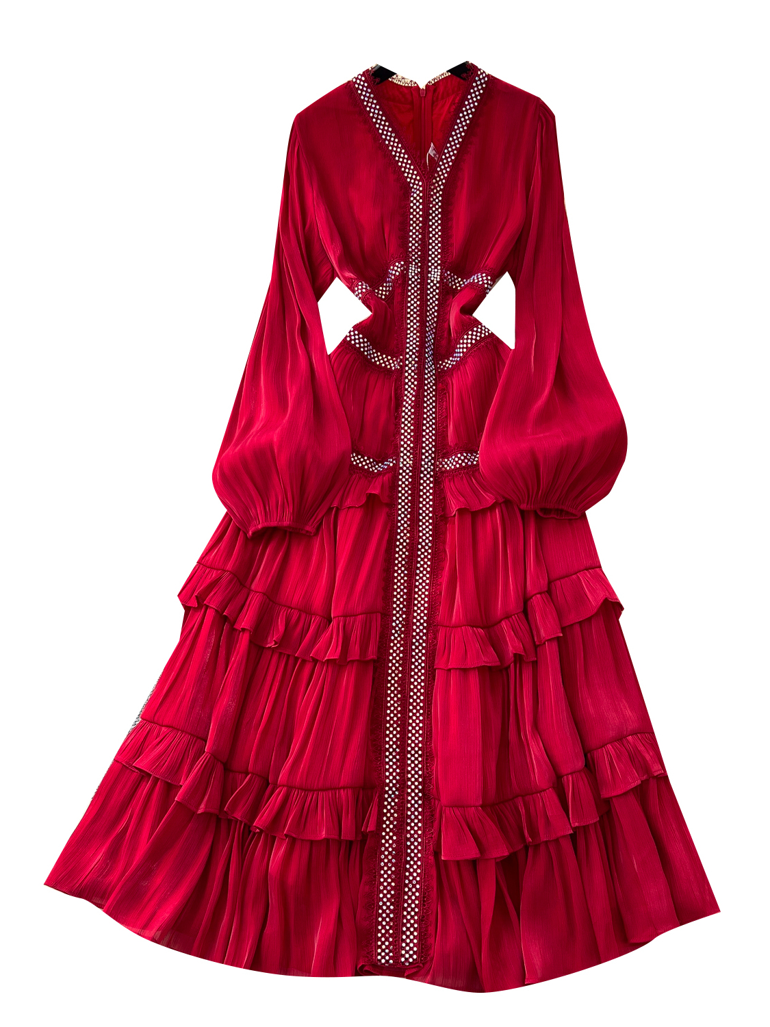 French elegant temperament dress, women's heavy industry hot stamping lace splicing waist slimming lantern sleeves ruffle edge long skirt French elegant temperament dress, women's heavy industry hot stamping lace splicing waist slimming lantern sleeves ruffle edge long skirt