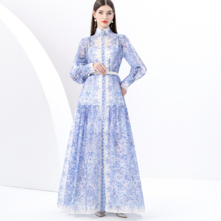 2025 early spring vacation style stand up collar lantern sleeve printed single breasted waist cinched dress for women, pleated elegant long dress
