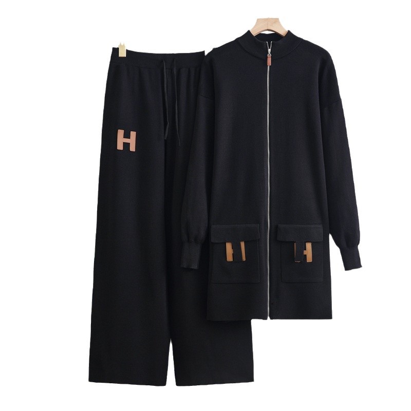 Cross border European and American solid color woolen suit loose knit zipper pocket sweater top+drawstring loose wide leg pants Cross border European and American solid color woolen suit loose knit zipper pocket sweater top+drawstring loose wide leg pants