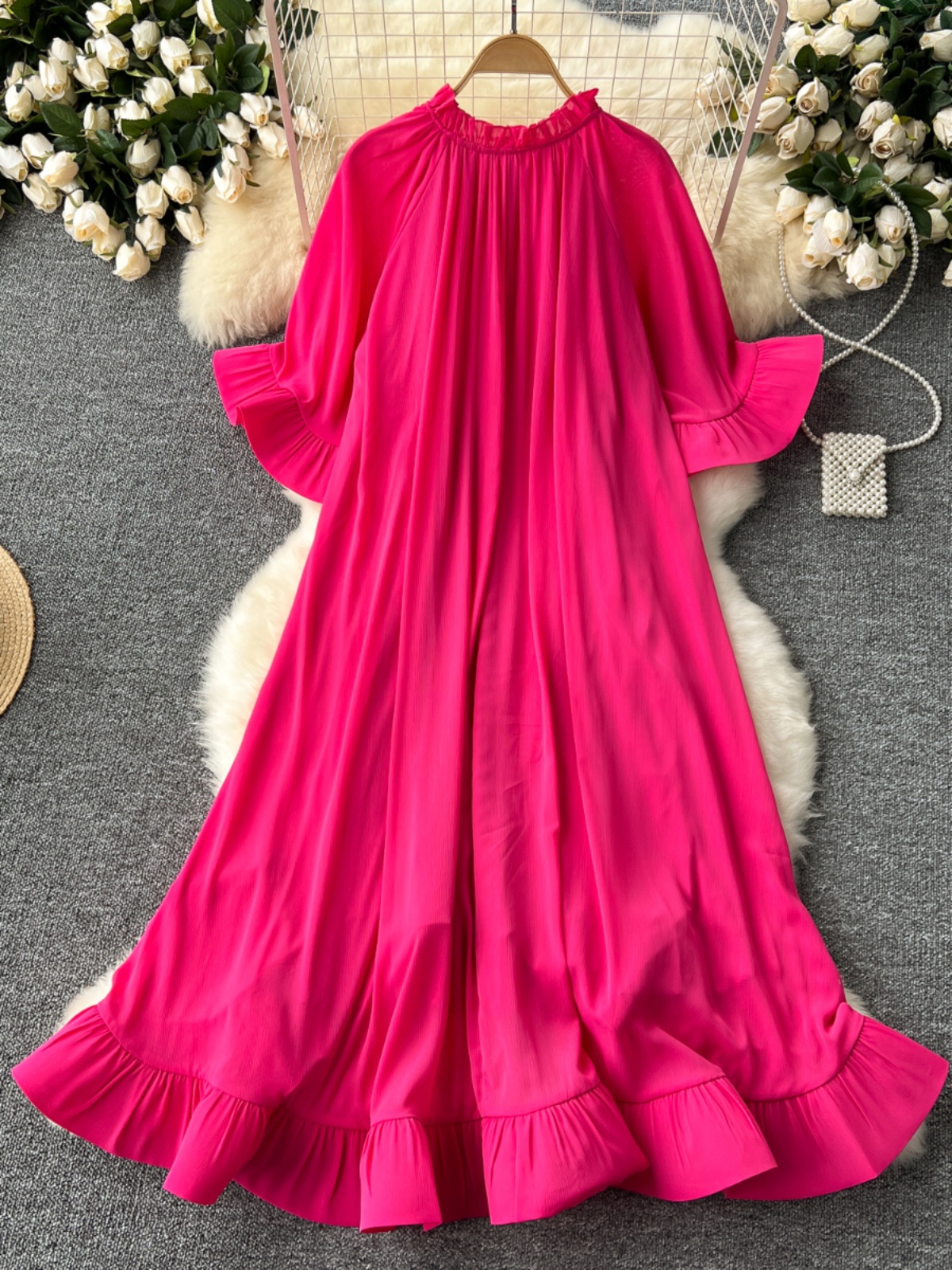 European and American niche palace style lotus leaf edge dress, women's high-end sense, loose and slimming temperament, vacation dress, long skirt European and American niche palace style lotus leaf edge dress, women's high-end sense, loose and slimming temperament, vacation dress, long skirt