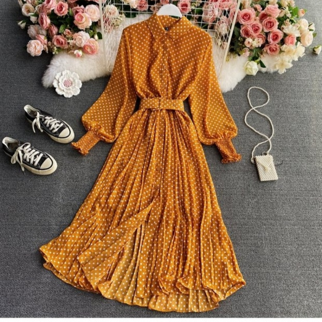 Chiffon shirt collar polka dot dress Spring and Autumn new cross-border gentle style temperament, waist cinching, large swing, pleated slit for women