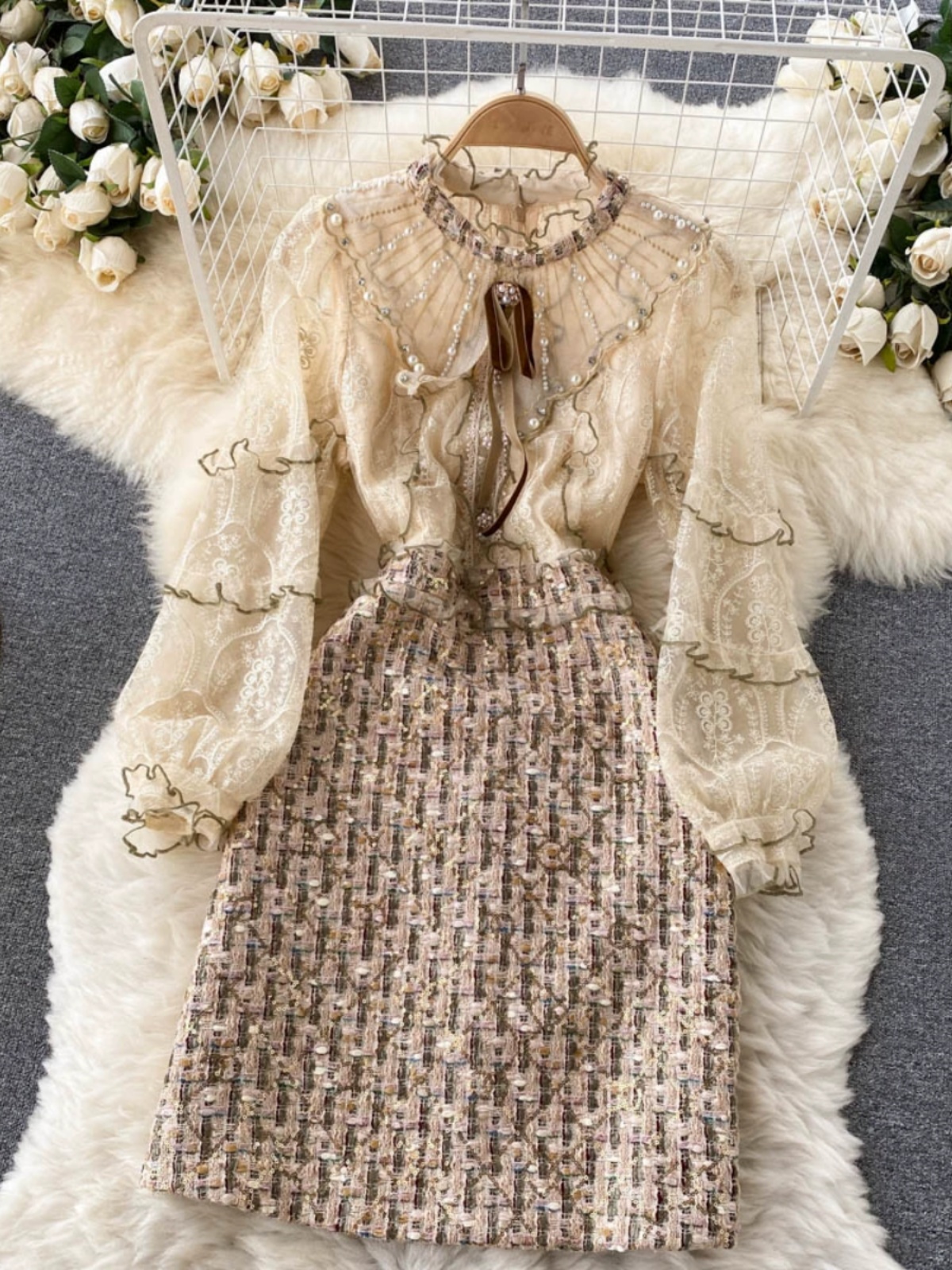 High end light luxury women's clothing French retro small fragrant style dress, socialite temperament heavy industry nail bead unique design feeling skirt