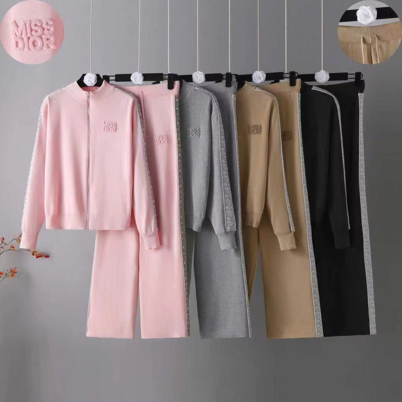 Cross border 2025 New Zipper Knitted Cardigan Fashion Leisure Sports Wide Leg Pants Two Piece Western Style Set