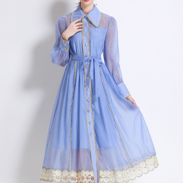 French luxury socialite hollow lace patchwork single breasted lantern sleeve dress with women's waist cinched and elegant long skirt