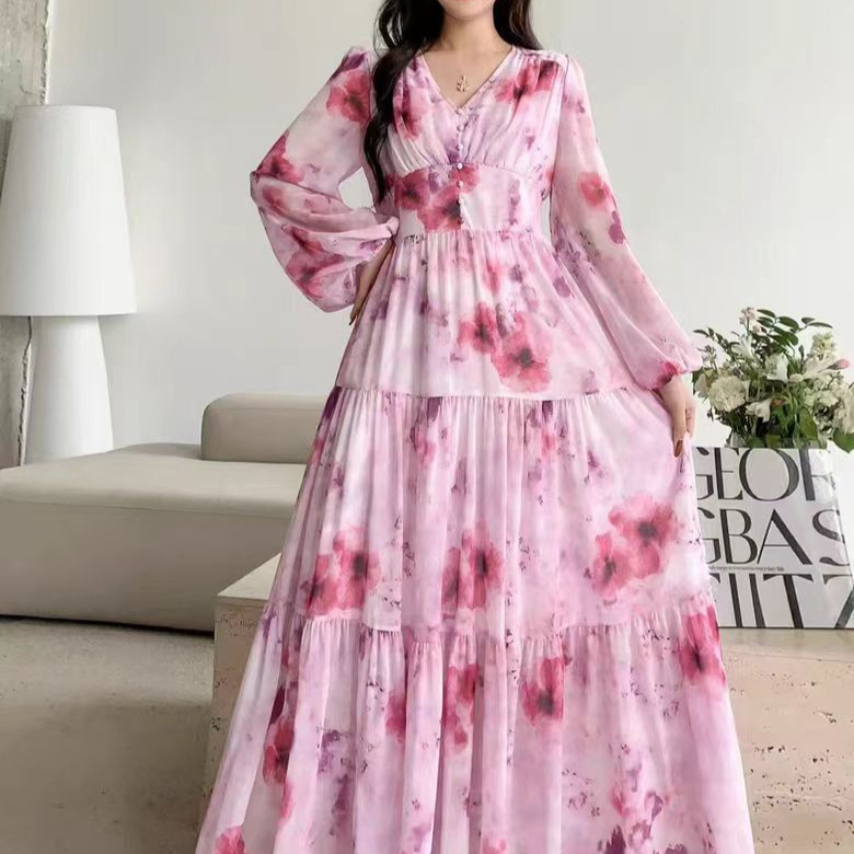 French dress for women 2025 new high-end V-neck pearl button lantern sleeves with cinched waist and large swing printed long skirt