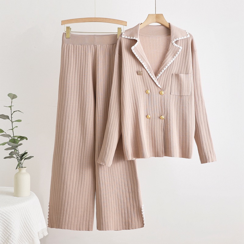 Cross border 2025 autumn and winter new solid color high-end temperament jacket slimming knitted high waisted pants two-piece set Cross border 2025 autumn and winter new solid color high-end temperament jacket slimming knitted high waisted pants two-piece set