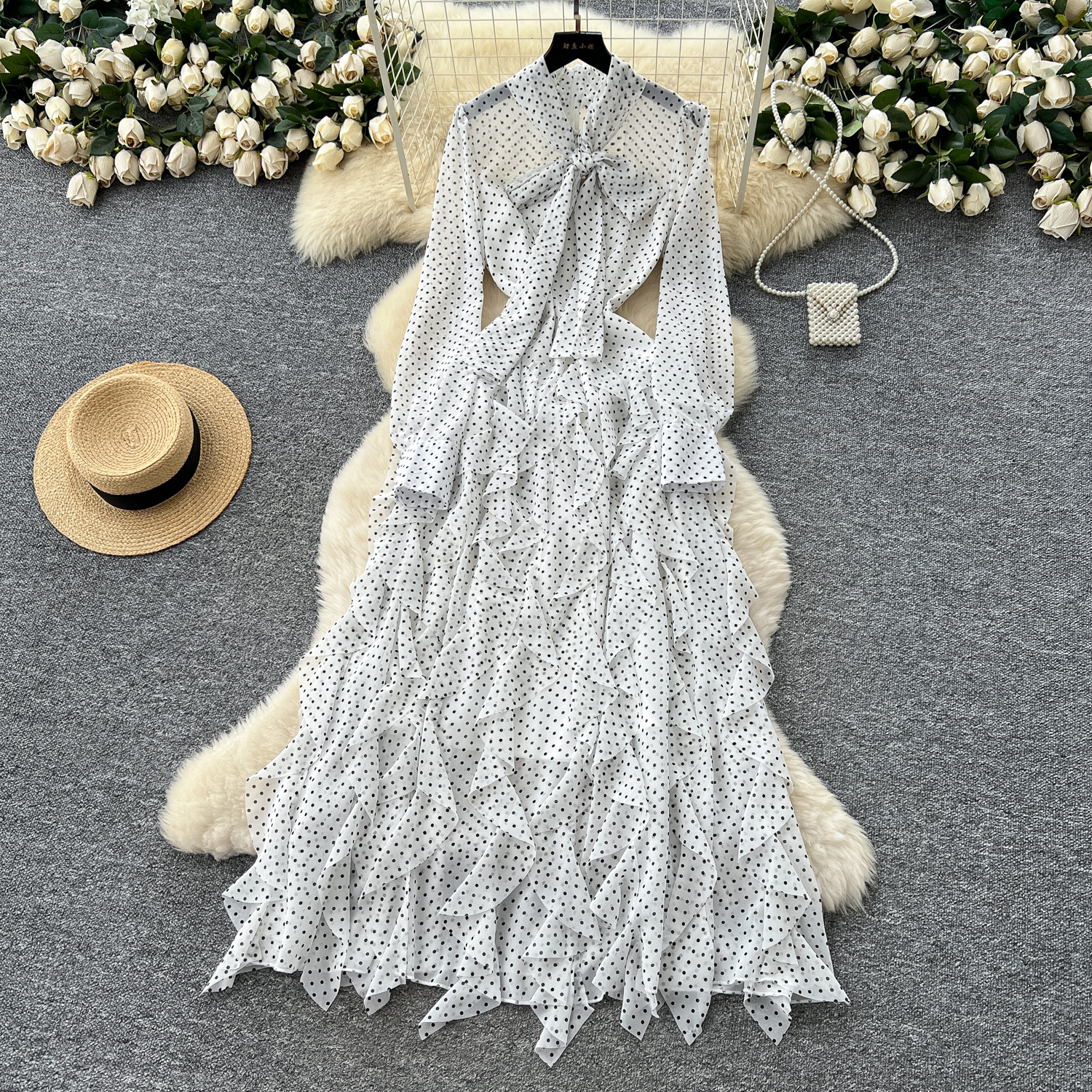 Light mature style niche bow tie tied long sleeved polka dot dress for women in autumn 2025, irregular lotus leaf side length skirt Light mature style niche bow tie tied long sleeved polka dot dress for women in autumn 2025, irregular lotus leaf side length skirt