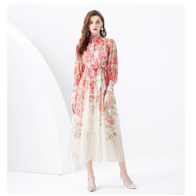 European and American printed dress, women's stand up collar, long sleeved, high-end feeling, waist cinching, tied up long skirt, niche French chiffon fairy dress
