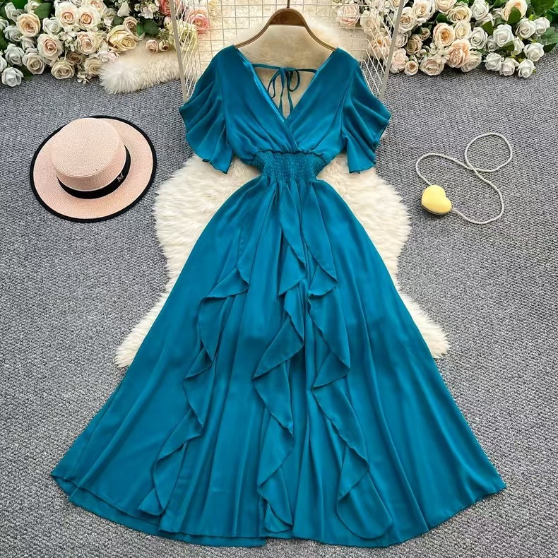 Summer niche design cross V-neck small fly sleeves cinched waist slimming chiffon dress super fairy lotus leaf edge skirt