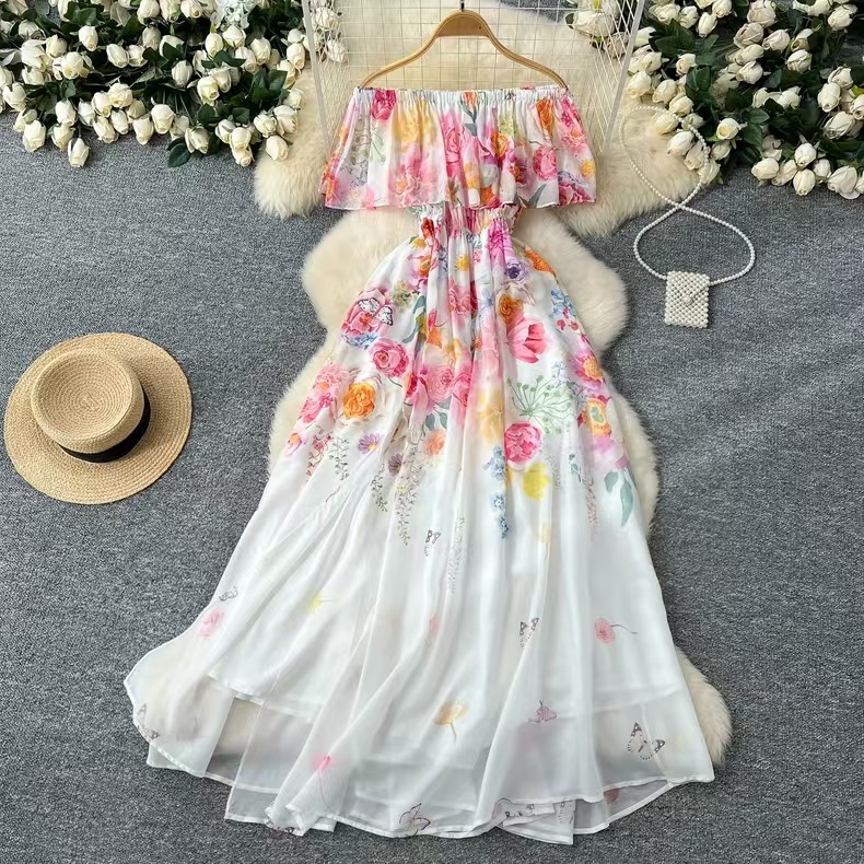 One shoulder lotus leaf edge waist cinched printed chiffon dress for women in the spring of 2025, new vacation style European and American style long skirt