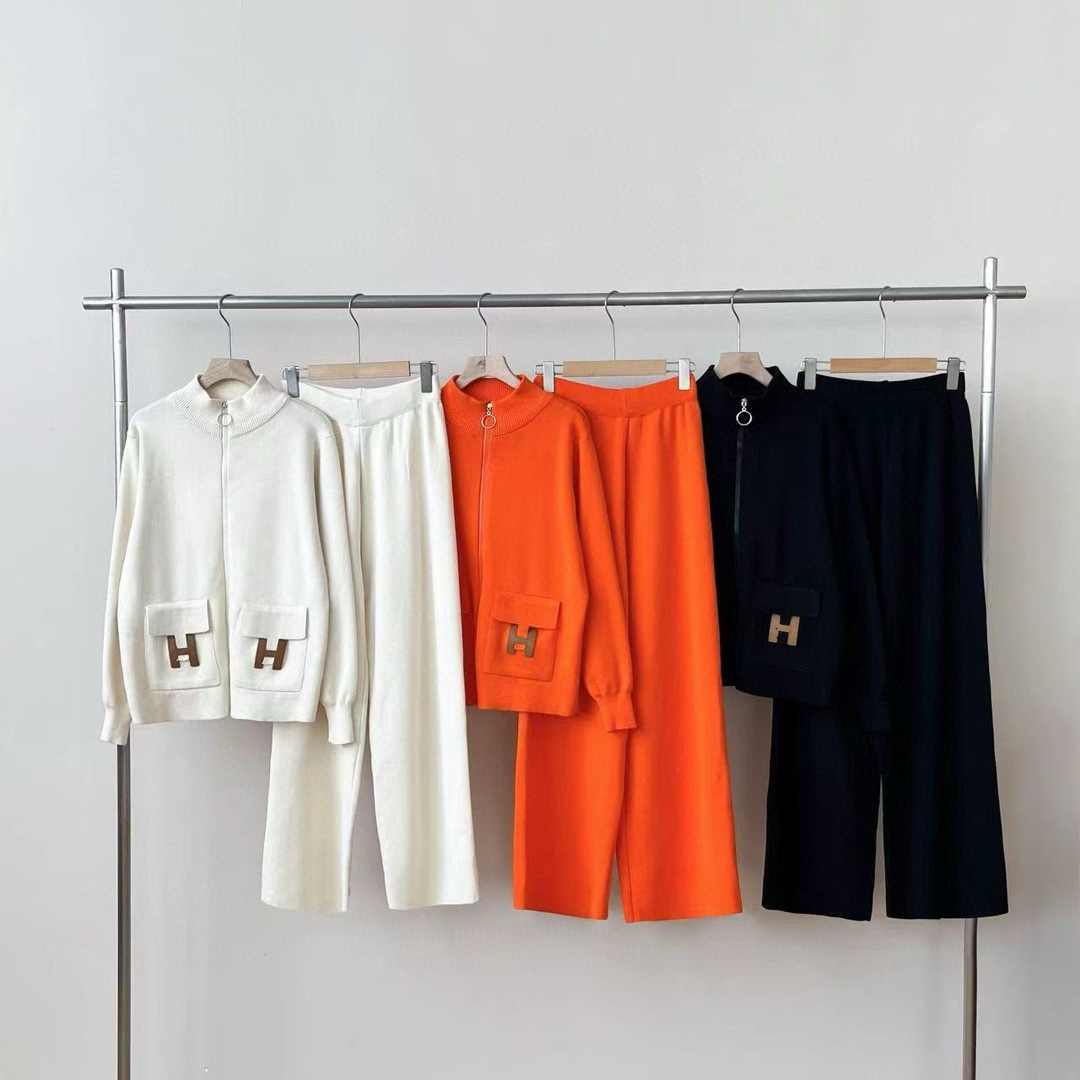 Cross border foreign trade 2024 autumn and winter new niche design pocket patchwork zipper cardigan+pants two-piece set