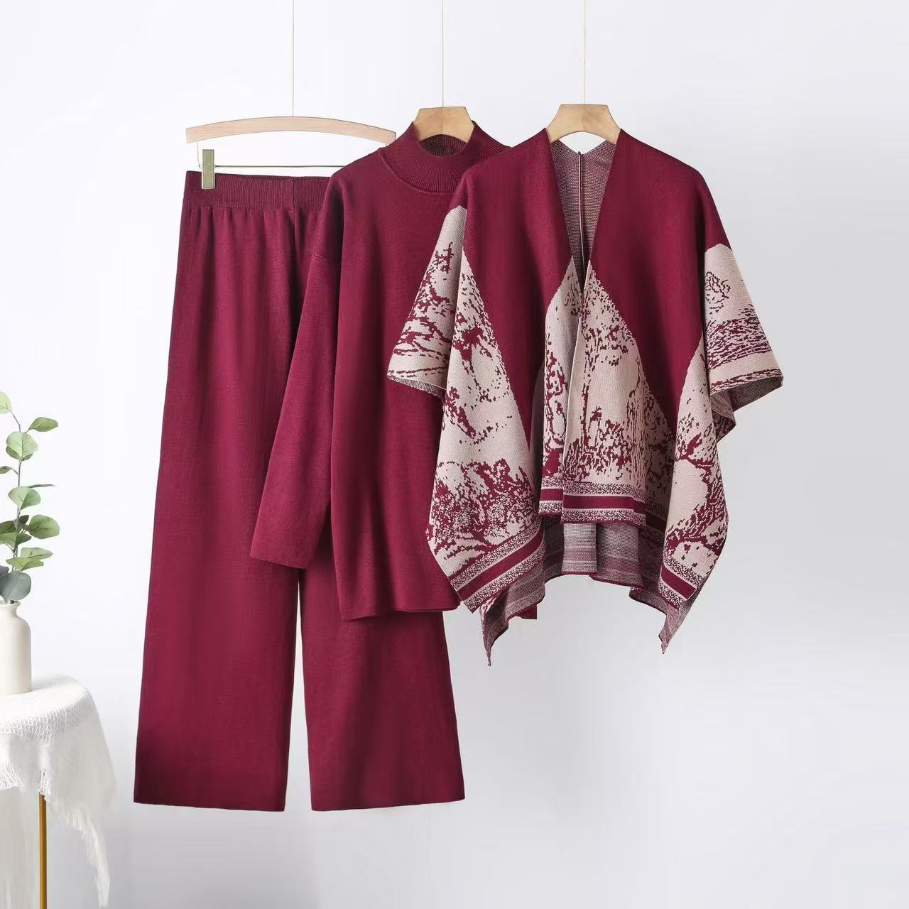 Cross border European and American shawl jacket, spring and autumn sweater, loose wide leg pants, three piece set, fashionable casual jacket, knitted set