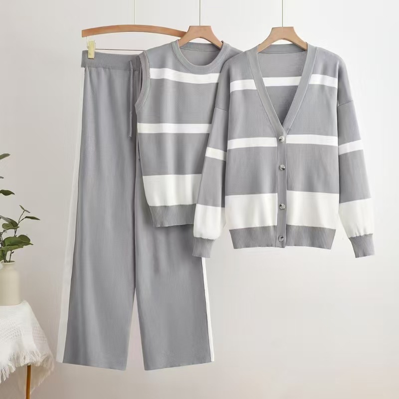 Cross border autumn new style striped sleeveless vest with buttons inside, knitted cardigan top, wide leg pants three piece set Cross border autumn new style striped sleeveless vest with buttons inside, knitted cardigan top, wide leg pants three piece set