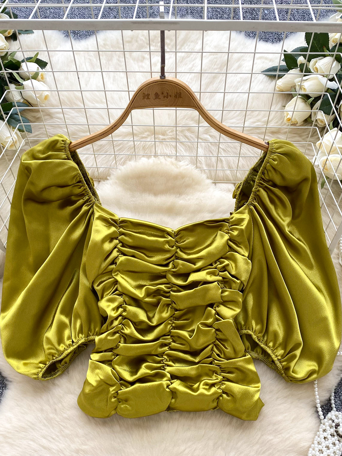 Light luxury European and American style satin like one shoulder bubble sleeve shirt for women in summer, pleated slim fit, chic top, trendy Light luxury European and American style satin like one shoulder bubble sleeve shirt for women in summer, pleated slim fit, chic top, trendy