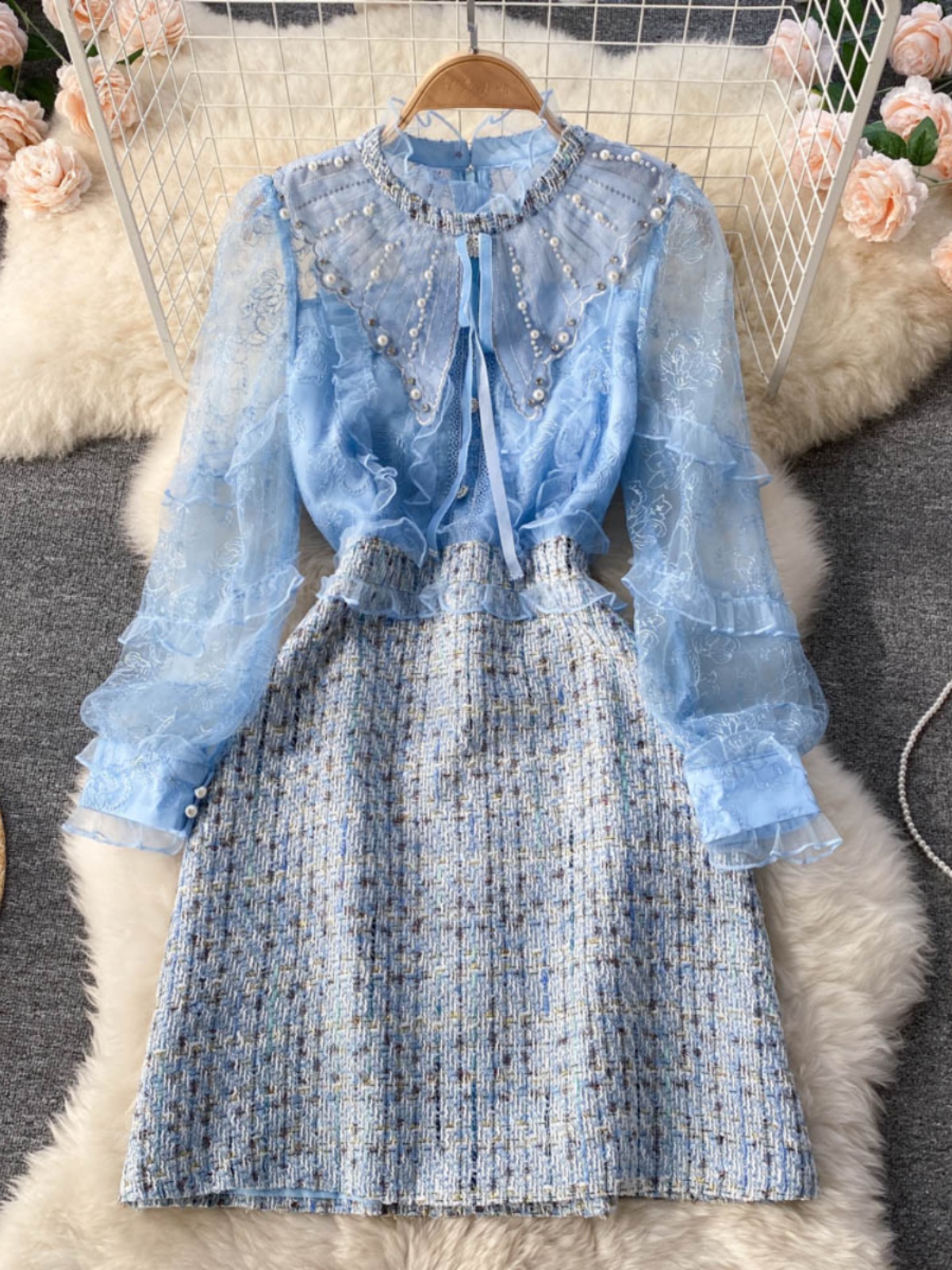 High end light luxury women's clothing French retro small fragrant style dress, socialite temperament heavy industry nail bead unique design feeling skirt High end light luxury women's clothing French retro small fragrant style dress, socialite temperament heavy industry nail bead unique design feeling skirt