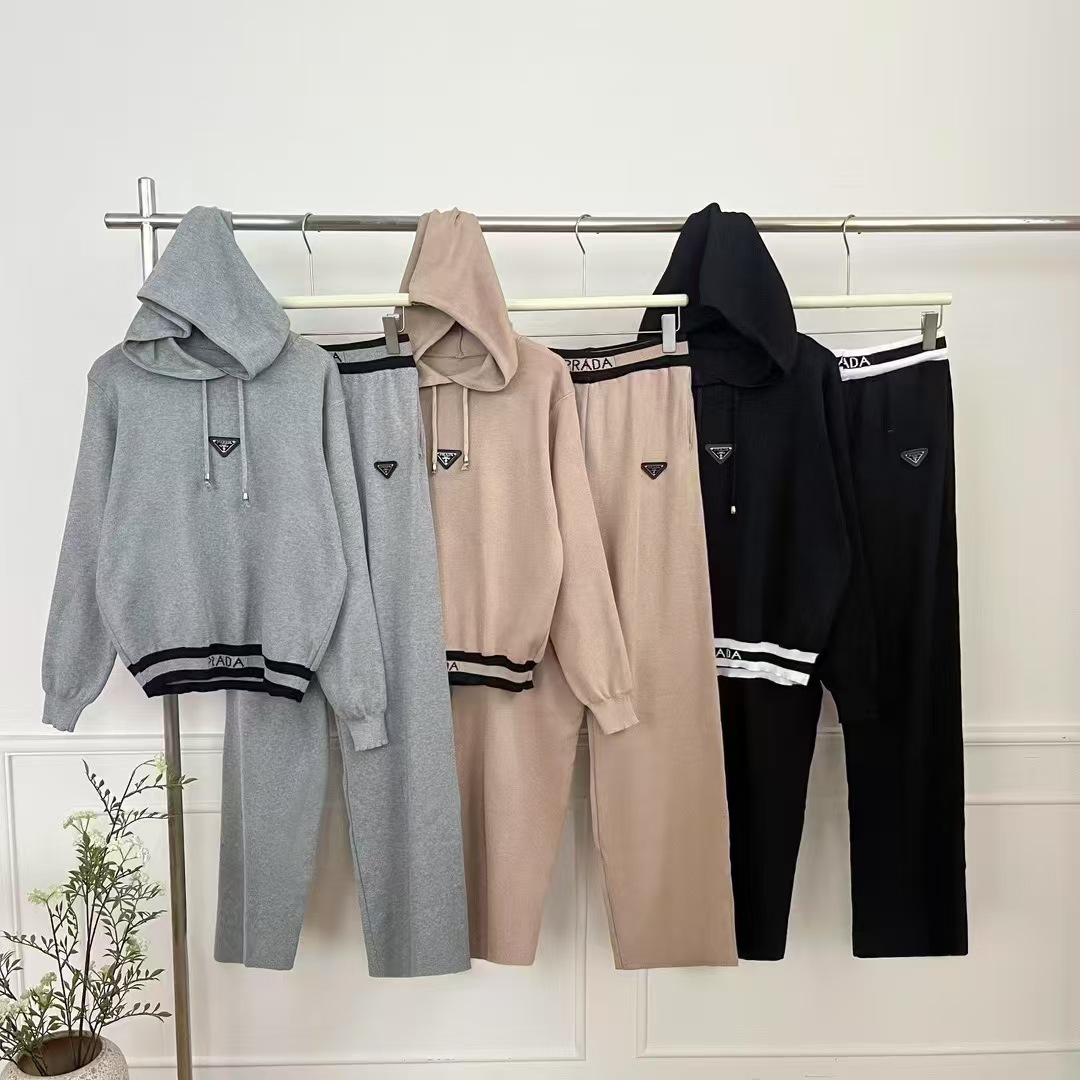 Foreign Trade Hooded Knitted Top for Women 25 Spring and Autumn New Style, Loose and Slim, Casual Sports Wide Leg Pants Set