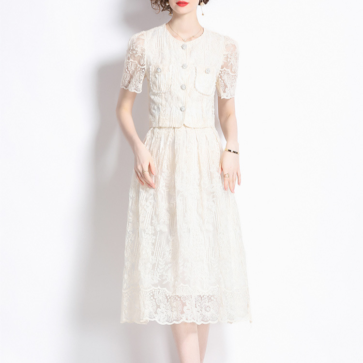 High end socialite style set, women's French lace hook flower bubble sleeve shirt two-piece set, high waist slimming skirt