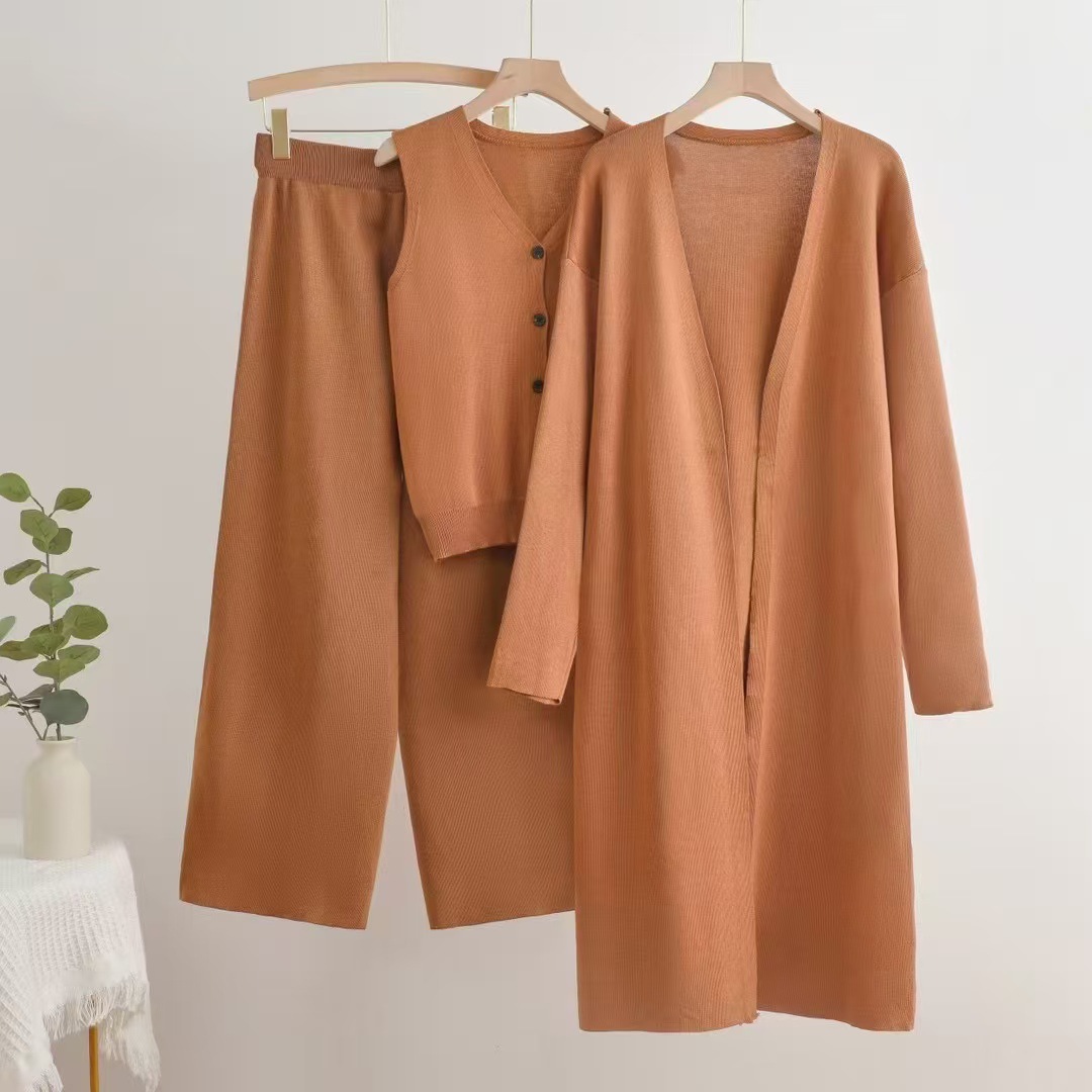Autumn and winter lazy style sweater cardigan jacket versatile base shirt 2023 new women's wide leg pants fashionable three piece set trendy Autumn and winter lazy style sweater cardigan jacket versatile base shirt 2023 new women's wide leg pants fashionable three piece set trendy