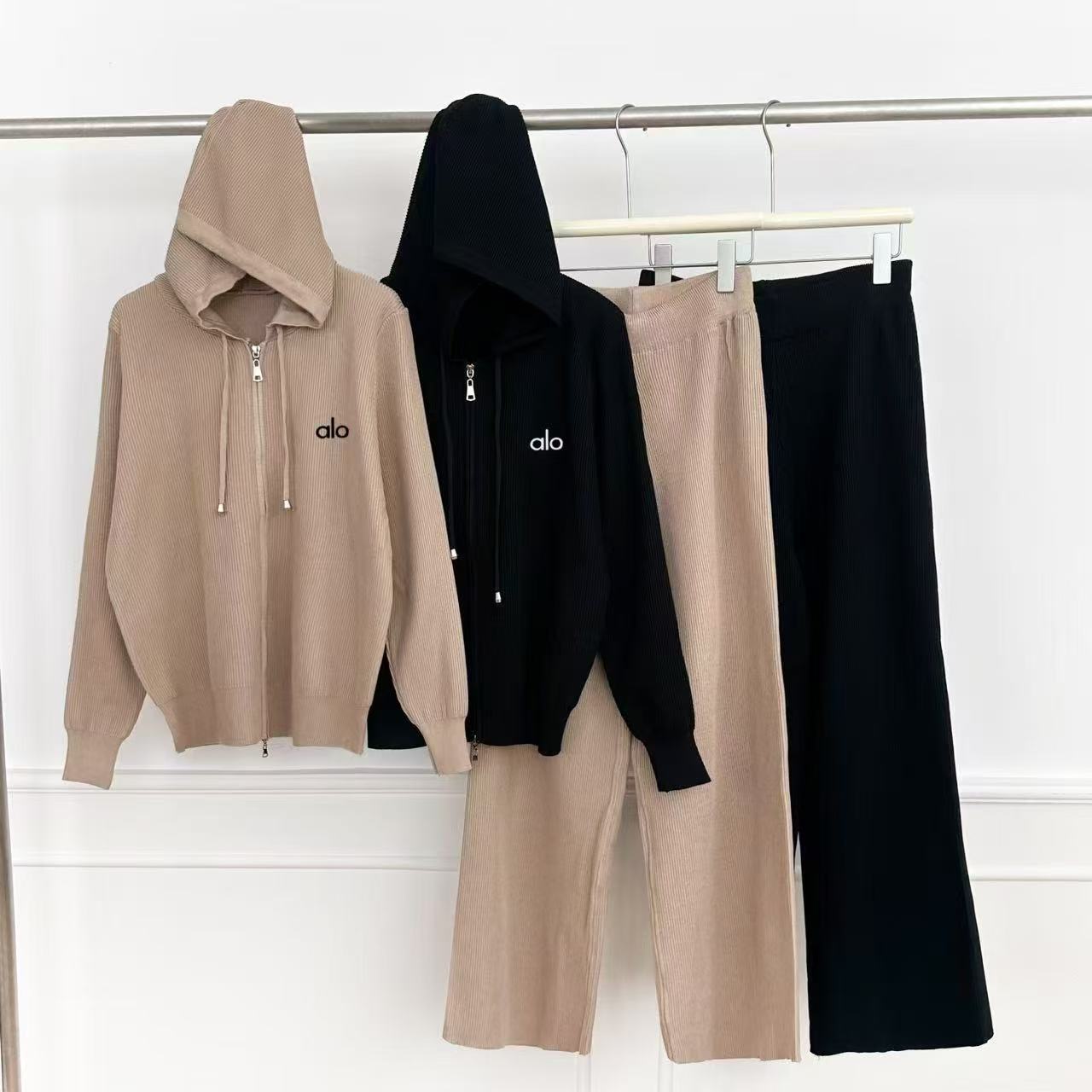 Cross border European and American solid color autumn and winter hooded top, wide leg pants, knitted two-piece set, casual simple loose hoodie set