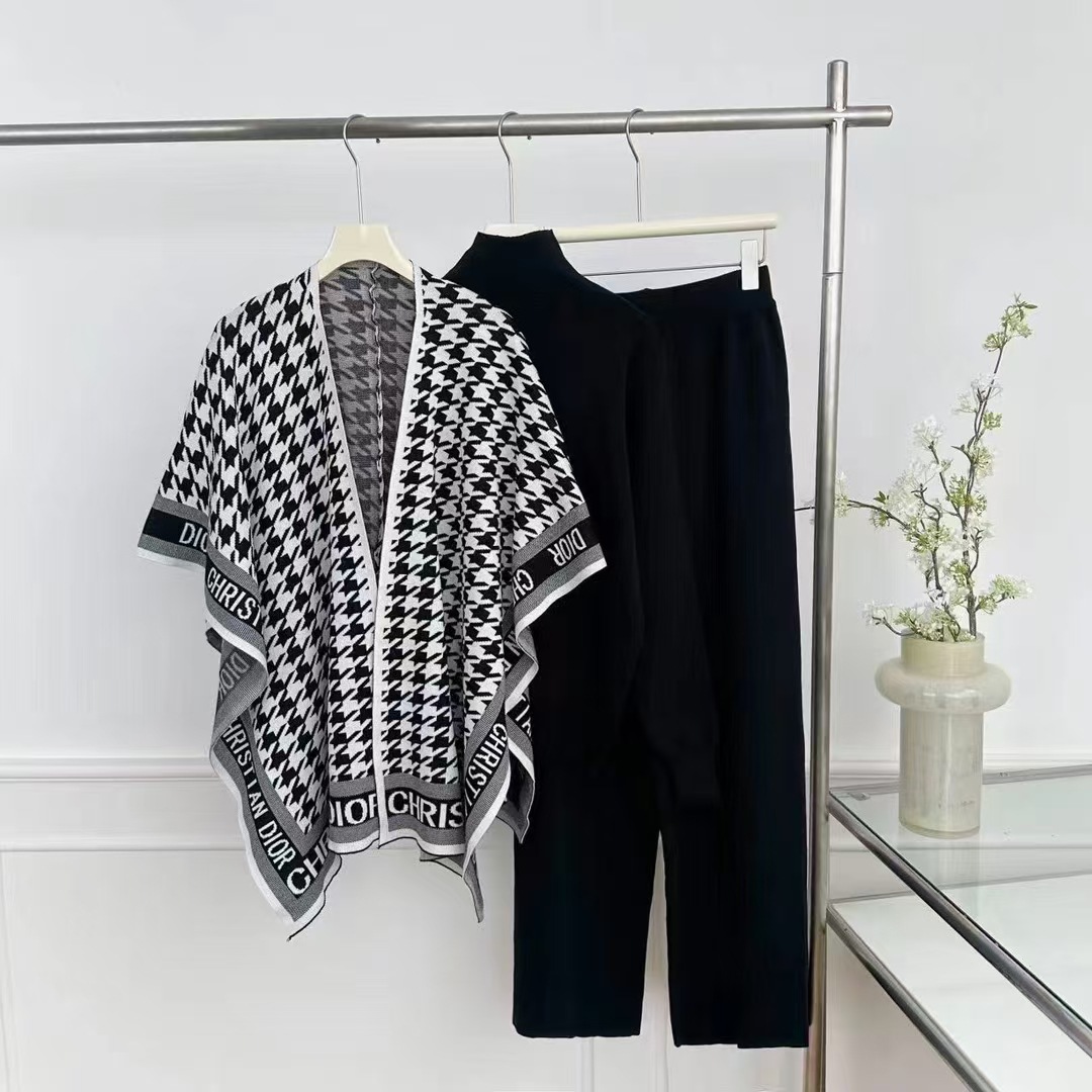 Cross border 25 year casual European and American suit autumn and winter fashion long sleeved two-piece set knitted sweater high waist wide leg pants three pieces Cross border 25 year casual European and American suit autumn and winter fashion long sleeved two-piece set knitted sweater high waist wide leg pants three pieces