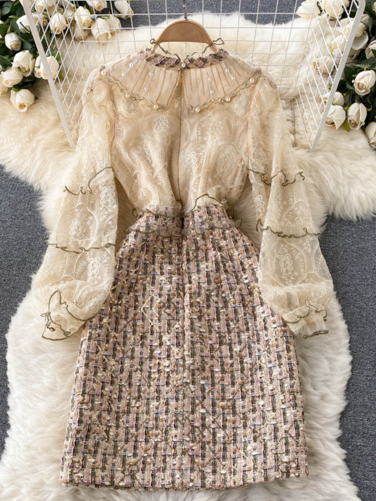 High end light luxury women's clothing French retro small fragrant style dress, socialite temperament heavy industry nail bead unique design feeling skirt High end light luxury women's clothing French retro small fragrant style dress, socialite temperament heavy industry nail bead unique design feeling skirt