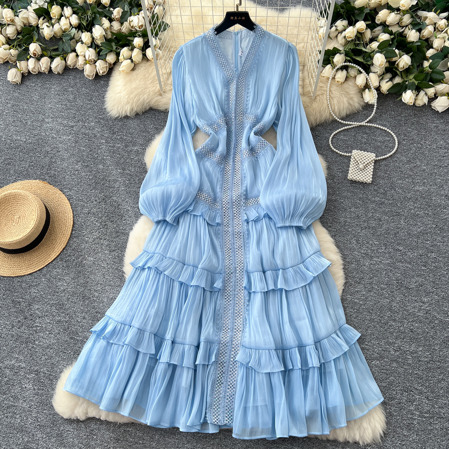 French elegant temperament dress, women's heavy industry hot stamping lace splicing waist slimming lantern sleeves ruffle edge long skirt French elegant temperament dress, women's heavy industry hot stamping lace splicing waist slimming lantern sleeves ruffle edge long skirt