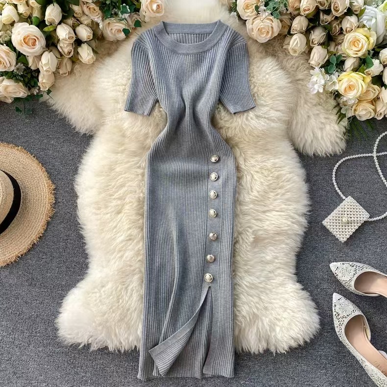 2025 Summer New Cross Knee Tight Elastic Knitted Bag Hip Skirt with Split Design and Buckle Round Neck Dress Short Sleeve